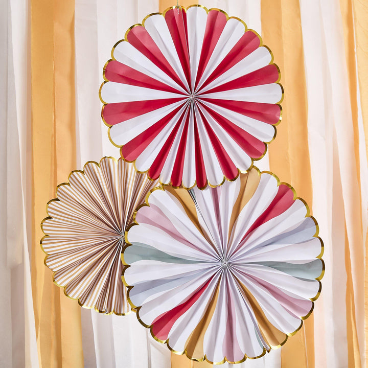 Circus Fan Decorations - Circus Party - Carnival Decor - Rosettes With Stripes & Swirls - Red And White - Kids Birthday Party - Pack Of 3 - Jolie Fete UK