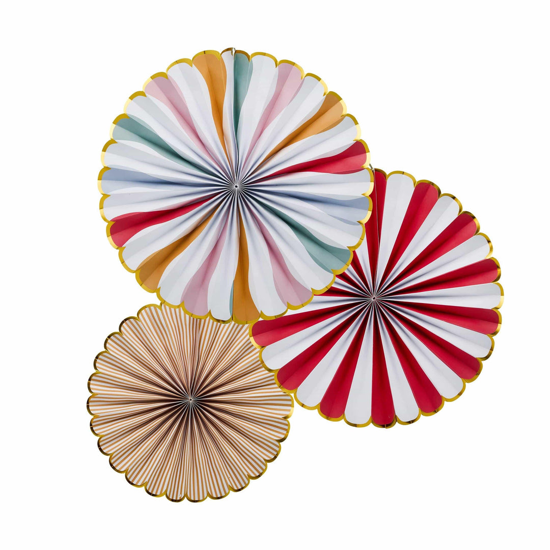 Circus Fan Decorations - Circus Party - Carnival Decor - Rosettes With Stripes & Swirls - Red And White - Kids Birthday Party - Pack Of 3 - Jolie Fete UK