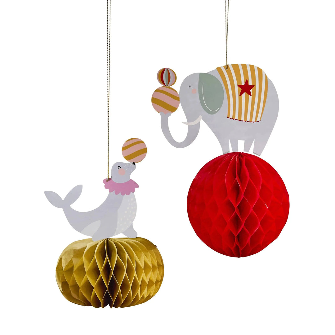 Circus Honeycomb Decorations - Circus Party - Carnival Decor - Elephant & Seal Balls - Funfair Theme - Kids Birthday Party - Pack Of 2 - Jolie Fete UK