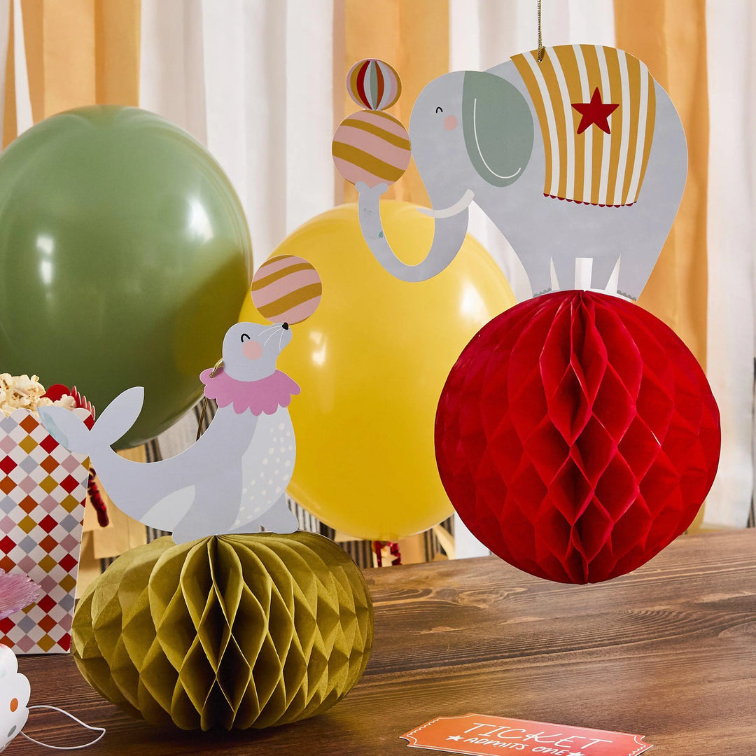 Circus Honeycomb Decorations - Circus Party - Carnival Decor - Elephant & Seal Balls - Funfair Theme - Kids Birthday Party - Pack Of 2 - Jolie Fete UK