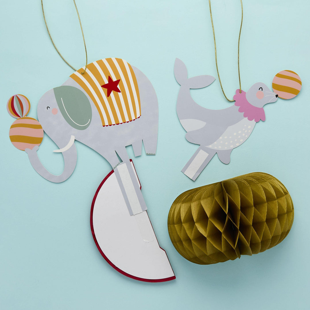 Circus Honeycomb Decorations - Circus Party - Carnival Decor - Elephant & Seal Balls - Funfair Theme - Kids Birthday Party - Pack Of 2 - Jolie Fete UK