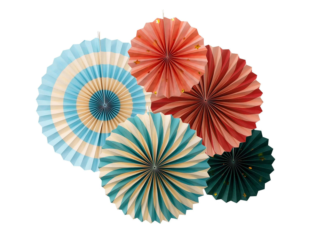 Circus Decorative Fans - Paper Rosettes - Carnival Party Supplies - Funfair Theme - Kids Birthday Party - Multicoloured - Pack Of 5 - Jolie Fete UK