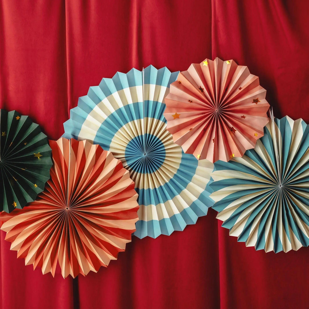 Circus Decorative Fans - Paper Rosettes - Carnival Party Supplies - Funfair Theme - Kids Birthday Party - Multicoloured - Pack Of 5 - Jolie Fete UK