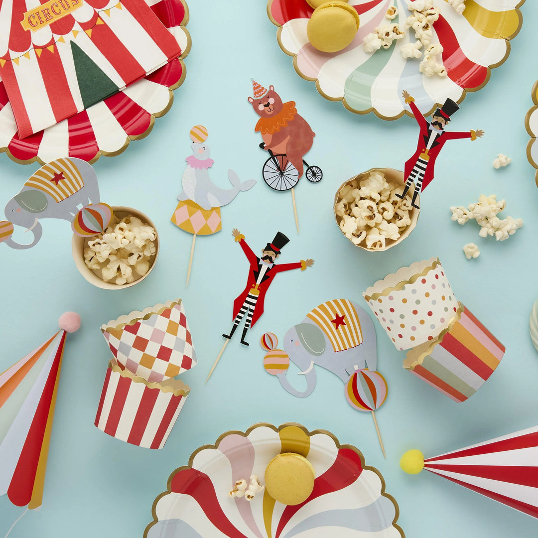 Circus Cupcake Toppers - Circus Party Food Picks & Cups Set - Circus Party Decorations - Carnival Funfair - Kids Birthday Party - Pack Of 12 - Jolie Fete UK