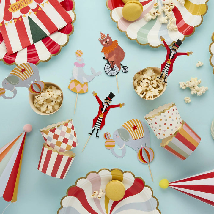 Circus Cupcake Toppers - Circus Party Food Picks & Cups Set - Circus Party Decorations - Carnival Funfair - Kids Birthday Party - Pack Of 12 - Jolie Fete UK