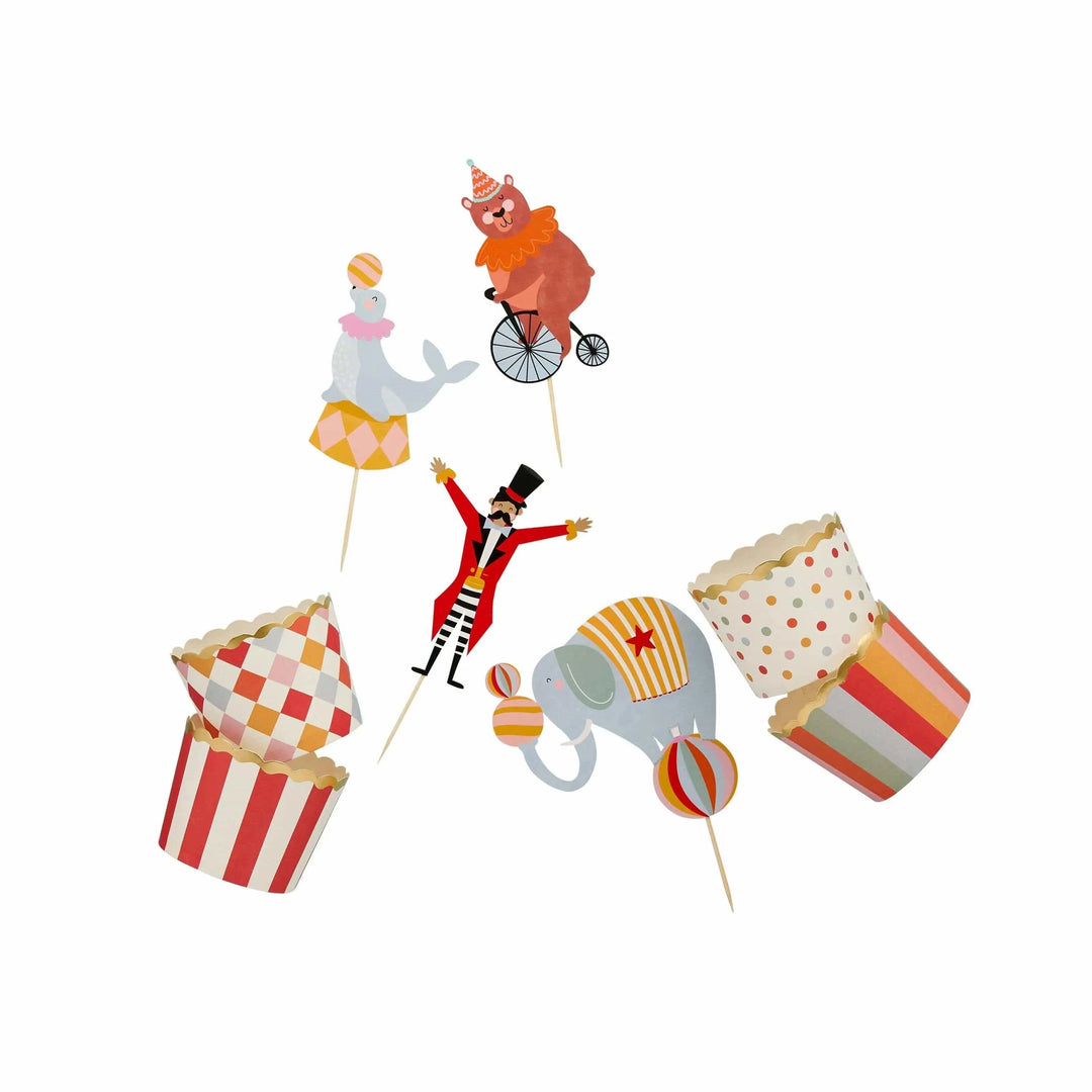 Circus Cupcake Toppers - Circus Party Food Picks & Cups Set - Circus Party Decorations - Carnival Funfair - Kids Birthday Party - Pack Of 12 - Jolie Fete UK
