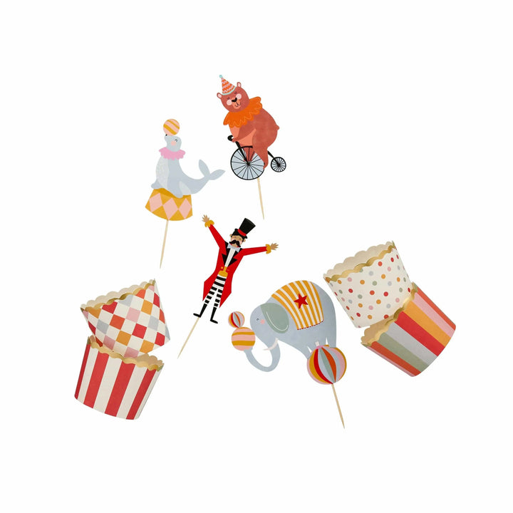 Circus Cupcake Toppers - Circus Party Food Picks & Cups Set - Circus Party Decorations - Carnival Funfair - Kids Birthday Party - Pack Of 12 - Jolie Fete UK