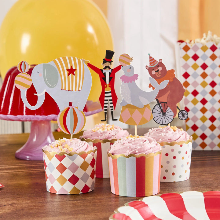 Circus Cupcake Toppers - Circus Party Food Picks & Cups Set - Circus Party Decorations - Carnival Funfair - Kids Birthday Party - Pack Of 12 - Jolie Fete UK