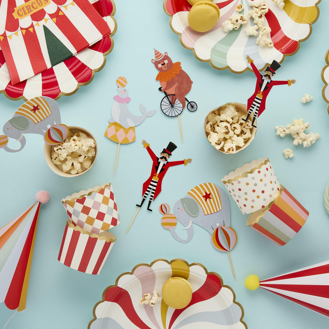 Circus Cupcake Toppers - Circus Party Food Picks & Cups Set - Circus Party Decorations - Carnival Funfair - Kids Birthday Party - Pack Of 12 - Jolie Fete UK