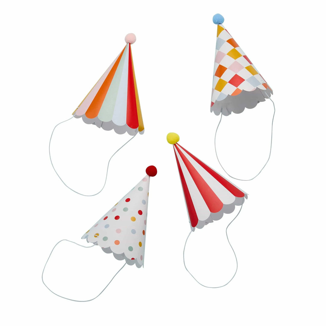Circus Party Hats - Circus Party - Carnival Decor - Harlequin, Red & White Tent Stripes, Polka Dots, Pom Moms -Kids Birthday Party-Pack Of 8 - Jolie Fete UK