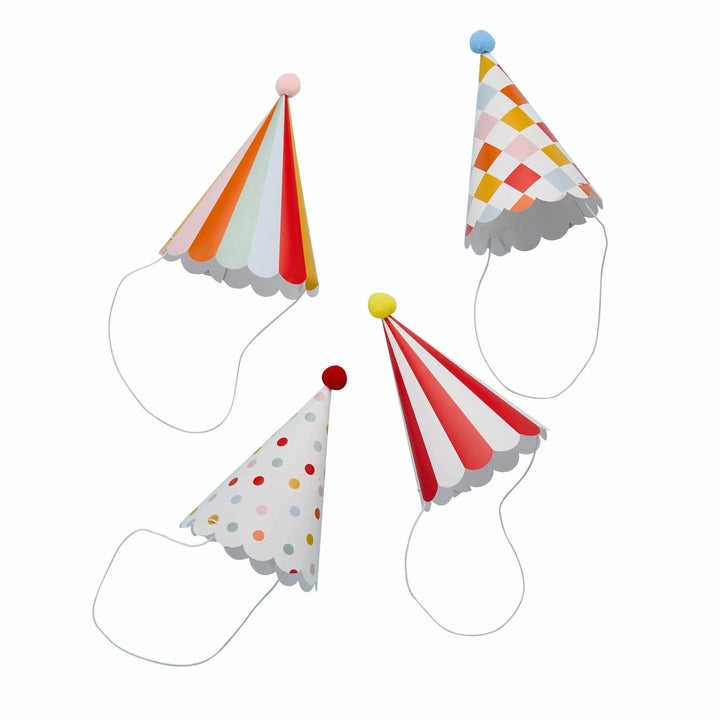 Circus Party Hats - Circus Party - Carnival Decor - Harlequin, Red & White Tent Stripes, Polka Dots, Pom Moms -Kids Birthday Party-Pack Of 8 - Jolie Fete UK
