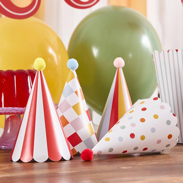 Circus Party Hats - Circus Party - Carnival Decor - Harlequin, Red & White Tent Stripes, Polka Dots, Pom Moms -Kids Birthday Party-Pack Of 8 - Jolie Fete UK