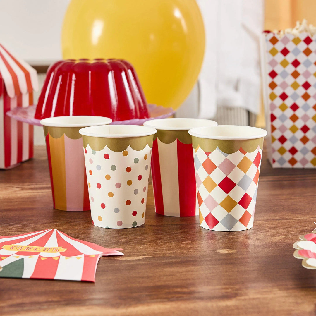 Circus Cups - Circus Party Paper Cups - Stripes, Harlequin, Dots - Carnival Party - Funfair Theme - Kids Birthday Party Supplies - Pack of 8 - Jolie Fete UK
