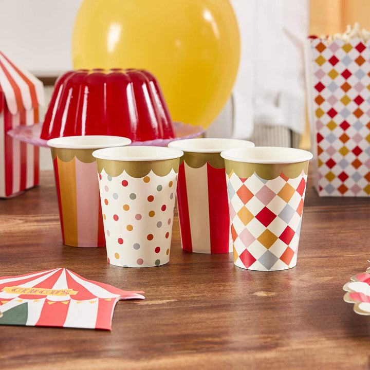 Circus Cups - Circus Party Paper Cups - Stripes, Harlequin, Dots - Carnival Party - Funfair Theme - Kids Birthday Party Supplies - Pack of 8 - Jolie Fete UK