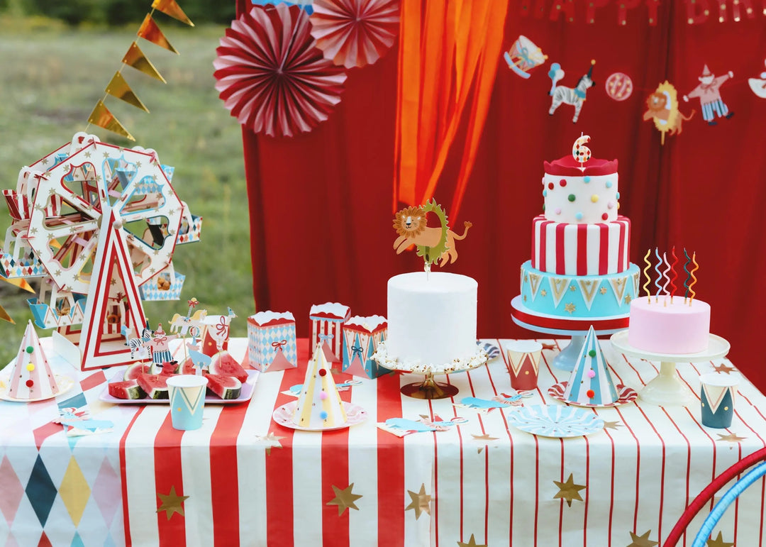 Circus Stripe Tablecloth - Paper Tablecloth With Thin Red Stripes & Gold Stars - Carnival Party Supplies - Funfair Theme-Kids Birthday Party - Jolie Fete UK