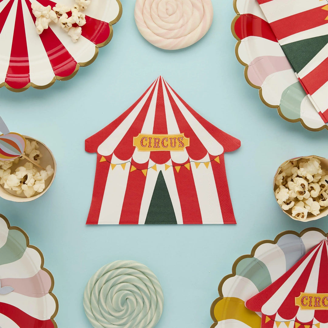 Circus Napkins - Circus Tent Shaped Paper Napkins - Red Stripes - Circus Party - Funfair Theme - Kids Birthday Party Supplies - Pack of 16 - Jolie Fete UK