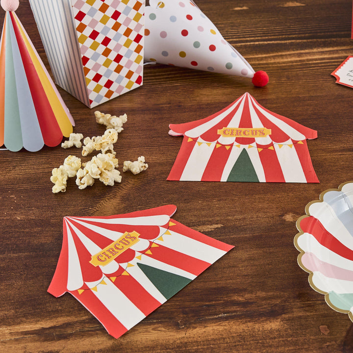 Circus Napkins - Circus Tent Shaped Paper Napkins - Red Stripes - Circus Party - Funfair Theme - Kids Birthday Party Supplies - Pack of 16 - Jolie Fete UK