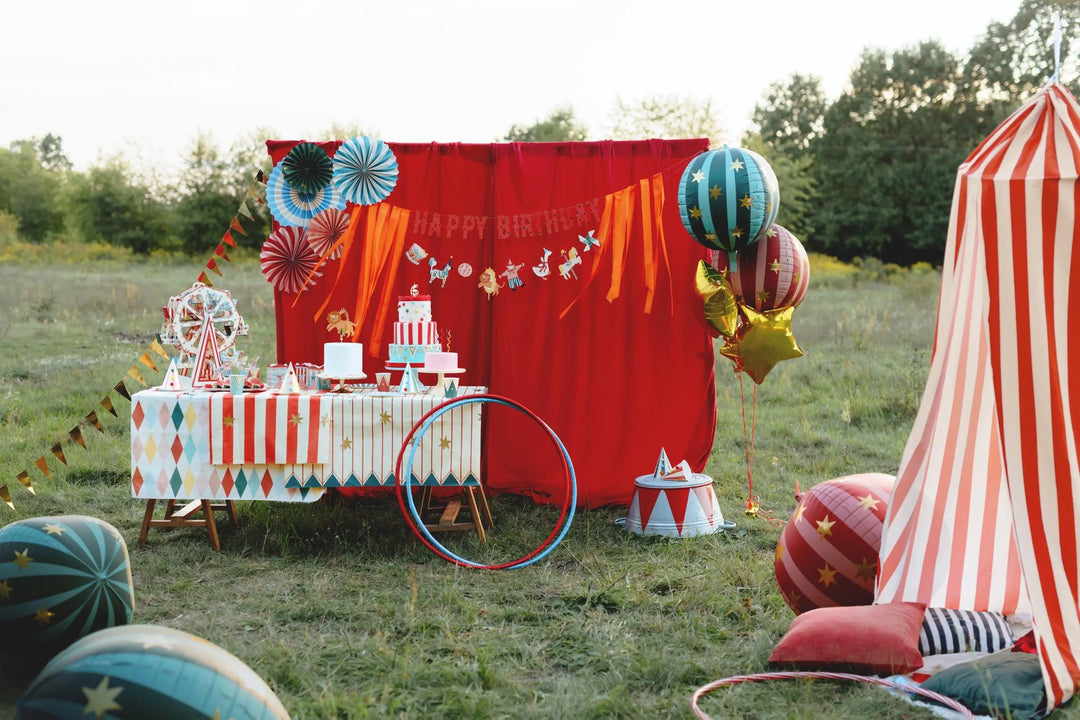 Circus Tent Stripe Tablecloth - Paper Tablecloth With Red Stripes & Gold Stars - Carnival Party Supplies - Funfair Theme-Kids Birthday Party - Jolie Fete UK