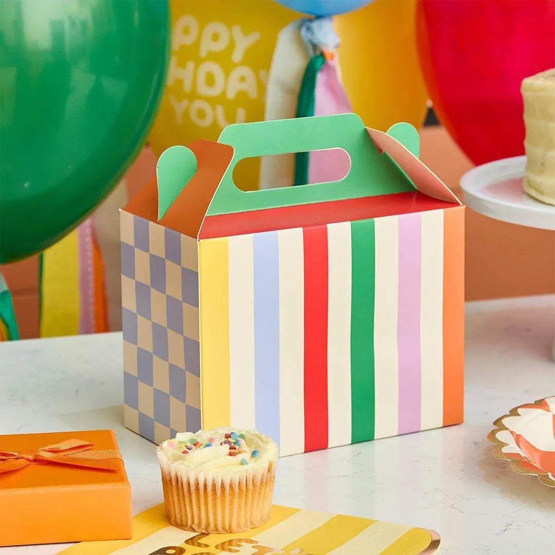 Kids Party Food Boxes -Rainbow Picnic Lunch Box -Checkered & Stripes Meal Boxes-Children's Birthday Party Bag Box-Treat Gift Boxes-Pack Of 6 - Jolie Fete UK