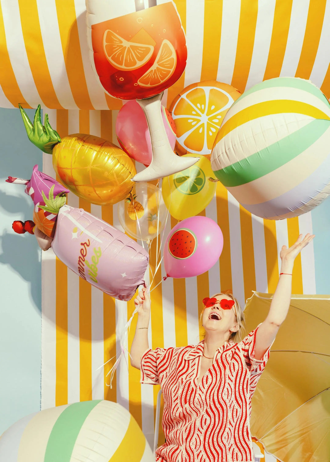 Striped Beach Ball Foil Balloon - Colourful Summer Party Decor - 50cm Round Balloon - Garden Party Supplies - Pool Party Decoration - Jolie Fete UK