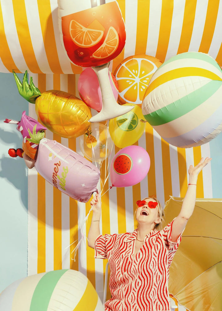 Striped Beach Ball Foil Balloon - Colourful Summer Party Decor - 50cm Round Balloon - Garden Party Supplies - Pool Party Decoration - Jolie Fete UK