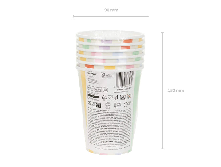 Striped Paper Cups - Colourful Summer Party Decor - 400ml Rainbow Drinks Cups - Garden BBQ Supplies - Tropical Birthday Decor - Pack Of 6 - Jolie Fete UK
