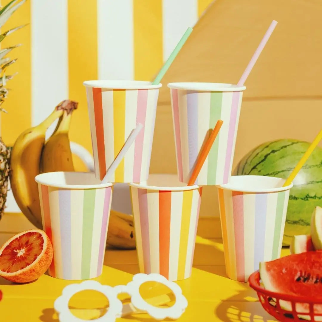 Striped Paper Cups - Colourful Summer Party Decor - 400ml Rainbow Drinks Cups - Garden BBQ Supplies - Tropical Birthday Decor - Pack Of 6 - Jolie Fete UK