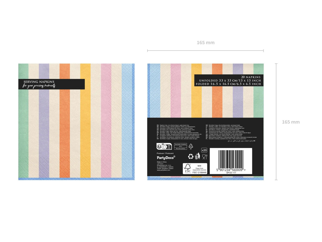 Colourful Striped Paper Napkins - Summer Party Tableware - Rainbow Picnic Decor - Tropical Party Decor - Garden BBQ Accessories - Pack Of 20 - Jolie Fete UK
