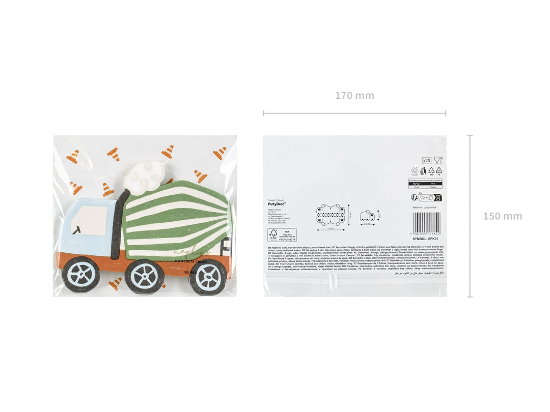 Construction Party Napkins - Concrete Mixer Shaped Paper Napkins - Digger Birthday Tableware - Green & Orange-Kids Party Supplies-Pack Of 20 - Jolie Fete UK