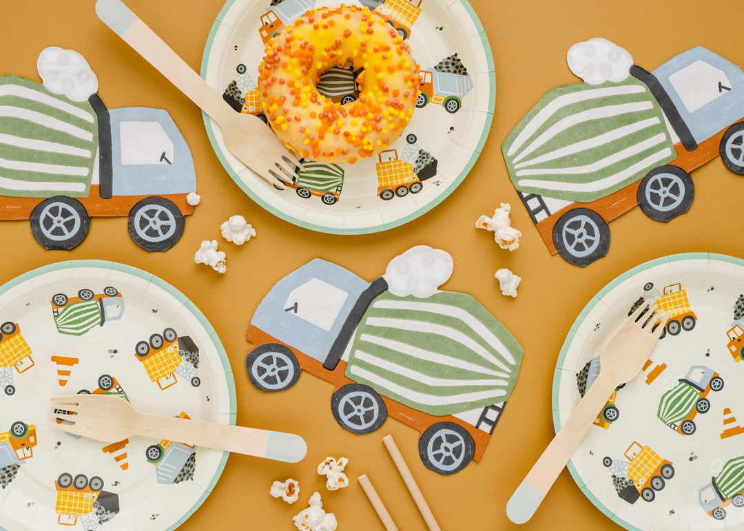 Construction Party Napkins - Concrete Mixer Shaped Paper Napkins - Digger Birthday Tableware - Green & Orange-Kids Party Supplies-Pack Of 20 - Jolie Fete UK