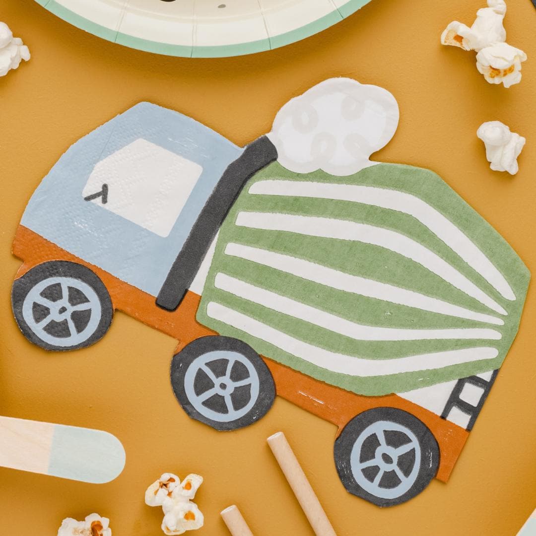 Construction Party Napkins - Concrete Mixer Shaped Paper Napkins - Digger Birthday Tableware - Green & Orange-Kids Party Supplies-Pack Of 20 - Jolie Fete UK