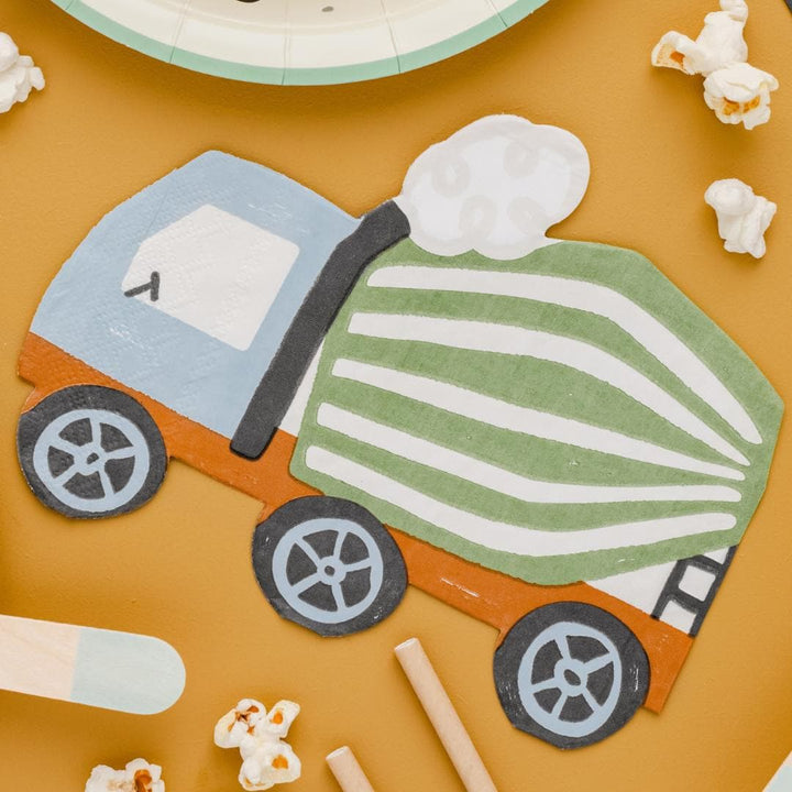 Construction Party Napkins - Concrete Mixer Shaped Paper Napkins - Digger Birthday Tableware - Green & Orange-Kids Party Supplies-Pack Of 20 - Jolie Fete UK