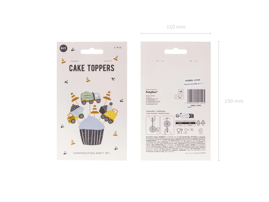 Construction Party Cupcake Toppers - Birthday Cake Topper - Dump Truck, Digger, Cement Mixer & Traffic Cones - Kids Birthday Party Supplies - Jolie Fete UK