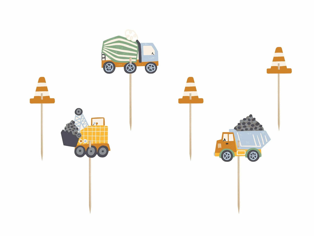 Construction Party Cupcake Toppers - Birthday Cake Topper - Dump Truck, Digger, Cement Mixer & Traffic Cones - Kids Birthday Party Supplies - Jolie Fete UK