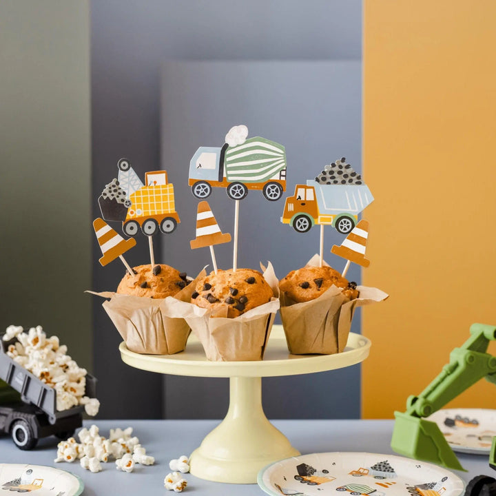 Construction Party Cupcake Toppers - Birthday Cake Topper - Dump Truck, Digger, Cement Mixer & Traffic Cones - Kids Birthday Party Supplies - Jolie Fete UK