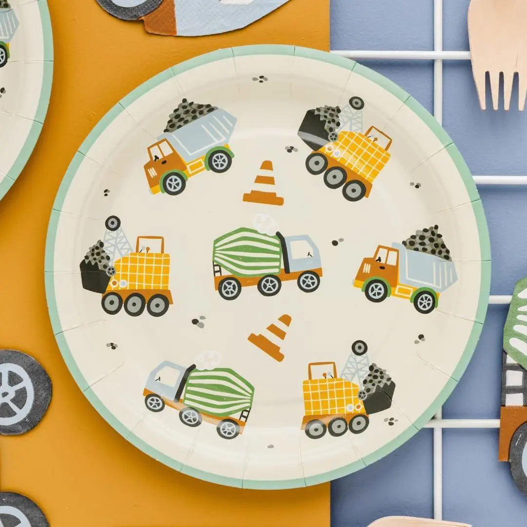 Construction Party Plates - Digger Birthday Paper Plates - Construction Theme Tableware - Cream Plates - Kids Party Supplies - Pack Of 6 - Jolie Fete UK