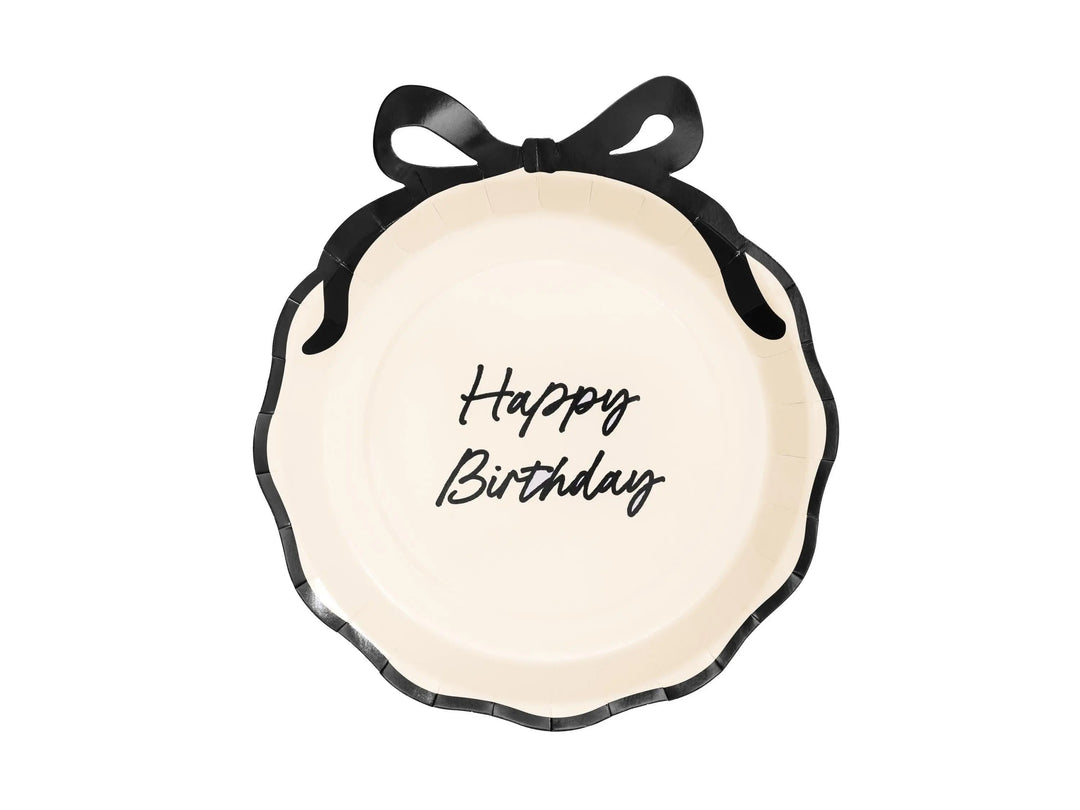 Cream & Black Bow Paper Plates - Coquette Happy Birthday Tableware - Disposable Plates for Monochrome Wedding, Hen Party Or Brunch-Pack Of 6 - Jolie Fete UK