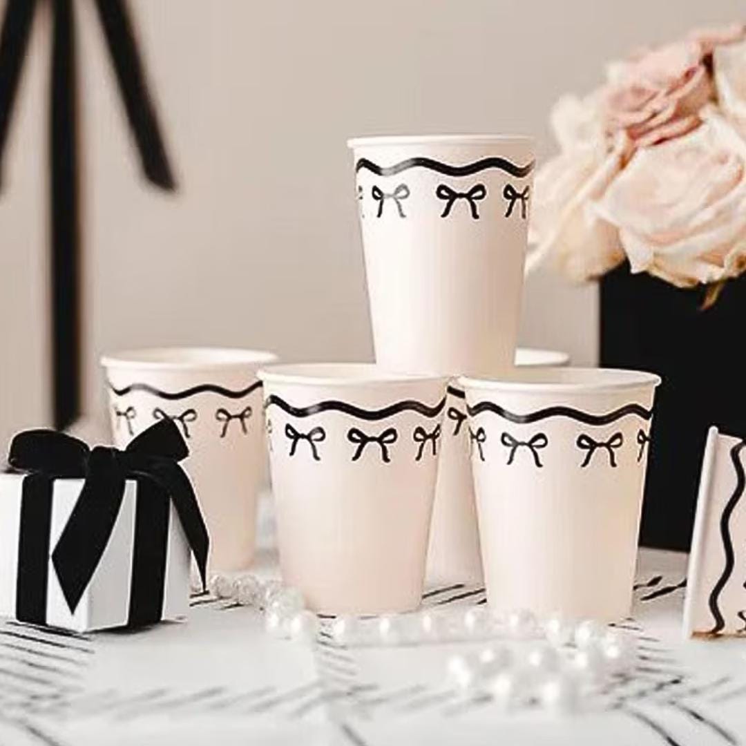 Cream & Black Bow Paper Cups - Elegant Coquette Birthday Tableware - Disposable Cups for Monochrome Wedding, Hen Party Or Brunch - Pack Of 6 - Jolie Fete UK