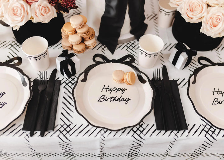 Cream & Black Bow Paper Cups - Elegant Coquette Birthday Tableware - Disposable Cups for Monochrome Wedding, Hen Party Or Brunch - Pack Of 6 - Jolie Fete UK