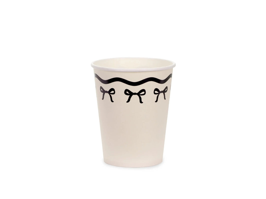 Cream & Black Bow Paper Cups - Elegant Coquette Birthday Tableware - Disposable Cups for Monochrome Wedding, Hen Party Or Brunch - Pack Of 6 - Jolie Fete UK