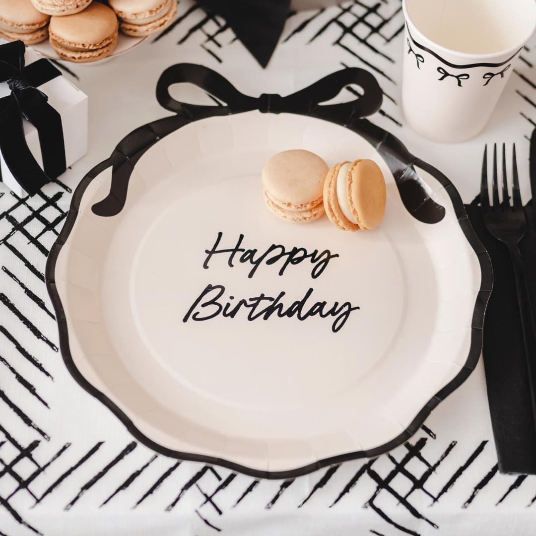 Cream & Black Bow Paper Plates - Coquette Happy Birthday Tableware - Disposable Plates for Monochrome Wedding, Hen Party Or Brunch-Pack Of 6 - Jolie Fete UK