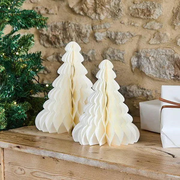 White Honeycomb Christmas Trees - Cream Paper Tree Decorations - Christmas Table Centrepiece - Mantelpiece Decor - Xmas Party - Pack of 2 - Jolie Fete UK