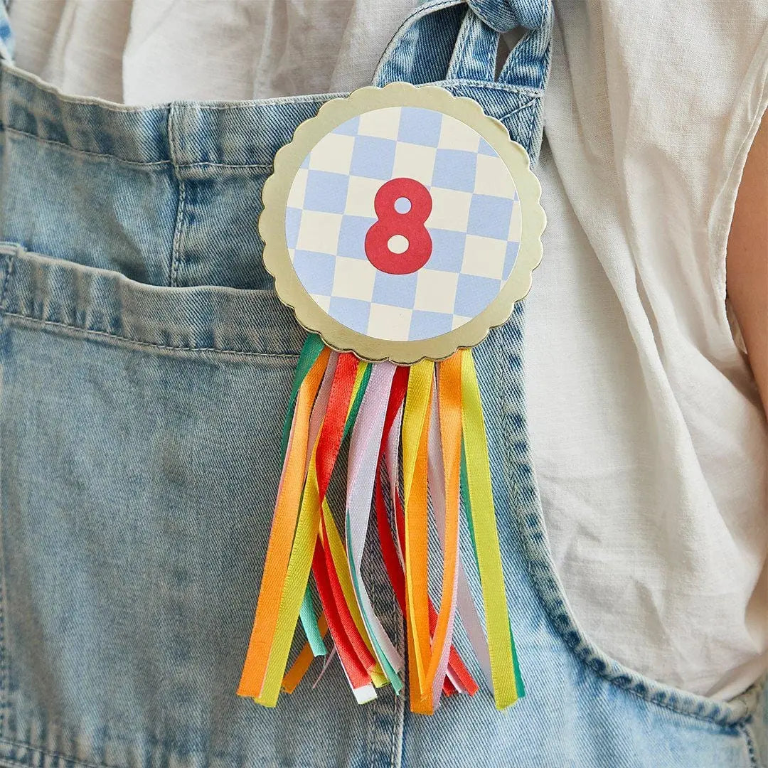 Customisable Birthday Badge - Personalised Age Rosette - Kids Birthday Party Accessory - Custom Number Sticker Badge - Colourful Ribbon Pin - Jolie Fete UK
