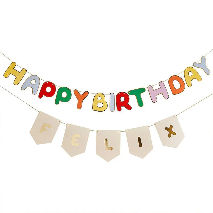 Happy Birthday Banner - Customisable Rainbow Name Bunting - Gold Foil Party Decor - Kids Birthday Garland - Personalised Party Backdrop Sign - Jolie Fete UK