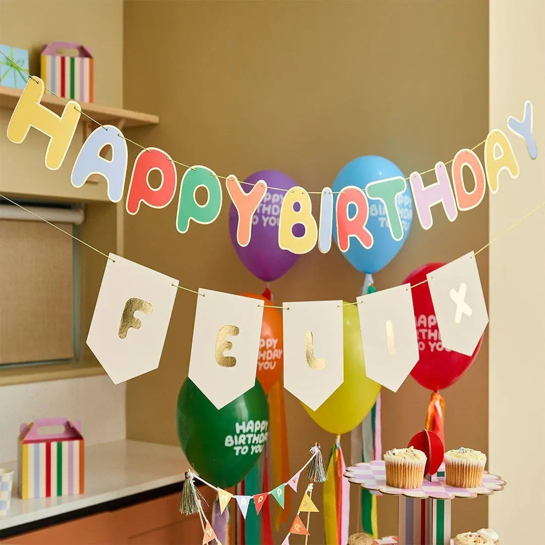 Happy Birthday Banner - Customisable Rainbow Name Bunting - Gold Foil Party Decor - Kids Birthday Garland - Personalised Party Backdrop Sign - Jolie Fete UK