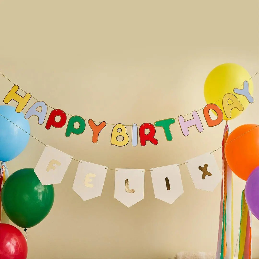 Happy Birthday Banner - Customisable Rainbow Name Bunting - Gold Foil Party Decor - Kids Birthday Garland - Personalised Party Backdrop Sign - Jolie Fete UK