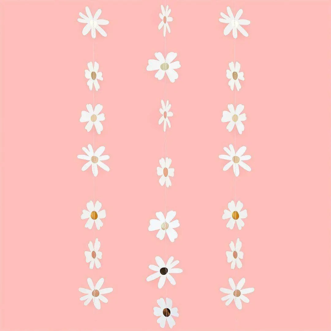 Daisy Hanging Garland Decoration - 5m Floral Backdrop - White And Gold Ditsy Daisy Bunting - Hen Party, Baby Shower & Garden Birthday Decor - Jolie Fete UK