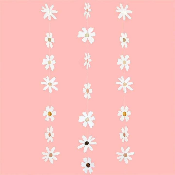 Daisy Hanging Garland Decoration - 5m Floral Backdrop - White And Gold Ditsy Daisy Bunting - Hen Party, Baby Shower & Garden Birthday Decor - Jolie Fete UK