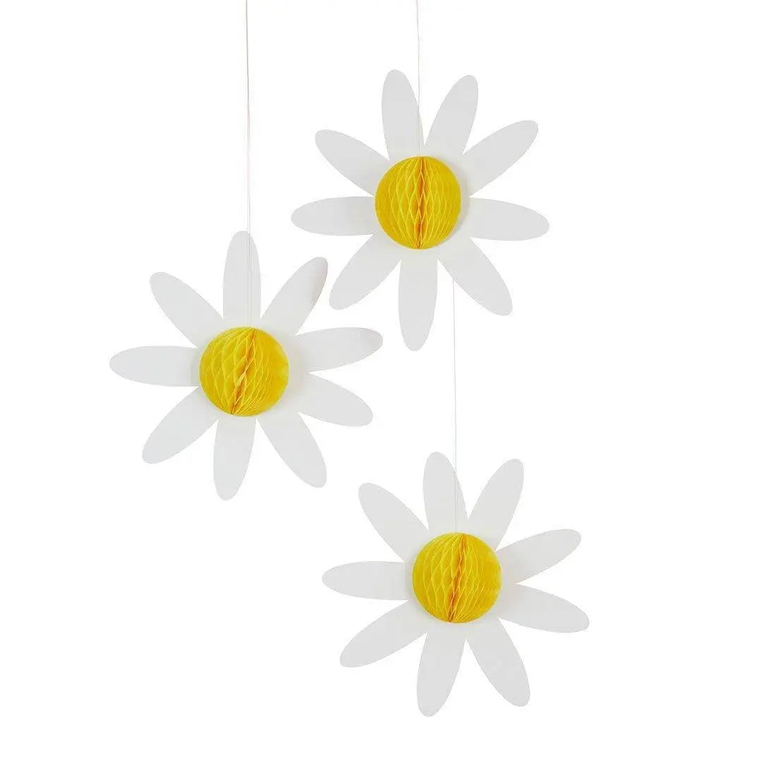 Daisy Honeycomb Hanging Decorations - 3D Floral Party Decor - Daisy Theme Hen Party, Baby Shower & Garden Birthday Decorations - Pack of 3 - Jolie Fete UK