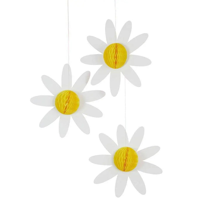 Daisy Honeycomb Hanging Decorations - 3D Floral Party Decor - Daisy Theme Hen Party, Baby Shower & Garden Birthday Decorations - Pack of 3 - Jolie Fete UK